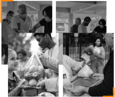 A collage of black and white photos showing individuals engaged in charitable activities, including distributing food to people, which aligns with the CNK Foundation’s mission of empowering the underserved.