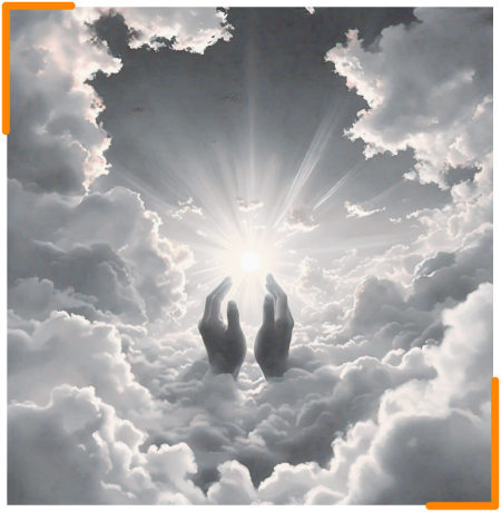 Two hands reaching towards each other against a backdrop of dramatic clouds with sun rays beaming through, symbolizing connection and assistance.